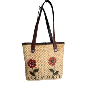 Ego Floral Woven Tote Bag with Brown Straps